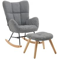 HOMCOM Glider Rocker with Ottoman Set, Houndstooth Nursery Rocking Chair, Upholstered Wingback Armchair for Living Room and Bedroom(m-1)