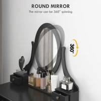 HOMCOM Vanity Desk with Stool, Makeup Vanity with 360° Rotating Oval Mirror, 5 Drawers and Padded Seat, Dressing Table for Bedroom, Black(m-5)