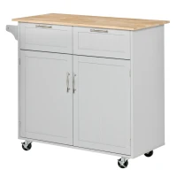 HOMCOM 41" Modern Rolling Kitchen Island on Wheels, Utility Cart Storage Trolley with Rubberwood Top & Drawers, Grey(m-11)