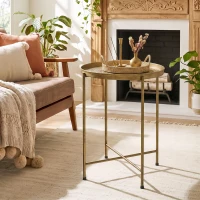 HOMCOM Coffee Table for Living Room, 18" Round Center Table with Hammered Tray Top and Metal Frame for Bedroom, Gold(m-2)