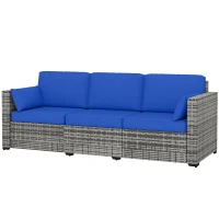 Outsunny 3-Seater Outdoor Sofa with Cushions, PE Rattan Conversation Patio Couch with Pillows for Garden, Poolside, Blue(m-2)