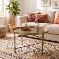 HOMCOM Coffee Table for Living Room, 24" Round Center Table with Hammered Tray Top and Metal Frame for Bedroom, Gold(m-6)