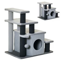 PawHut Adjustable Height 3 Step/4 Step Cat Stairs with Cat Scratching Post, Cat Condo, Toy Ball, for Bed, Sofa, Couch, Gray(m-11)
