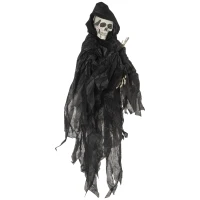Outsunny 45" Outdoor Halloween Decorations Hanging Grim Reaper in Black Robe, Festival Animated Prop Décor with Sound and Motion Activated, Light Up Eyes(m-11)