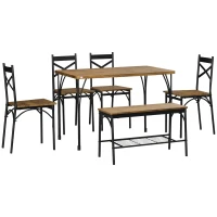 HOMCOM Industrial Dining Table Set for 6 People, 6 Piece Kitchen Table and Chairs Set, Dinner Table with Bench, Steel Frame and Storage Shelf, Dinette Set, Rustic Brown(m-1)