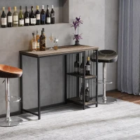 HOMCOM Industrial Steel Tube Bar Table with Wood Top, Steel Frame, 2-Tier Storage Shelf, Adjustable Footpad, Pub Table for Kitchen Dining Room, Walnut(m-2)