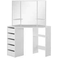HOMCOM Corner Dressing Table, Makeup Desk with 3-piece Mirror and 5 Drawers, White(m-2)