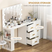 HOMCOM Vanity Desk with Mirror and 12 LED Lights, Makeup Table w/ Power Outlet, 3 Light Colour, 6 Drawers and 2 Shelves, White(m-6)