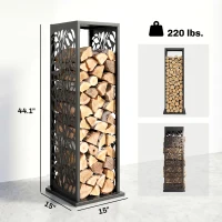 Outsunny 15 Inch Firewood Rack Outdoor Indoor, Cutout Galvanized Steel Firewood Holder with Hooks, Adjustable Pads, Black(m-3)