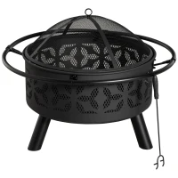 Outsunny 31" Outdoor Fire Pit, Portable Steel Wood Burning Bowl, Handle Ring, Poker, Spark Screen Lid for Patio, Backyard, Bonfire, Campfire, Black(m-11)