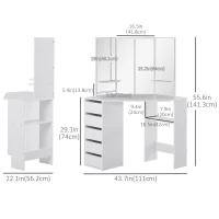 HOMCOM Corner Dressing Table, Makeup Desk with 3-piece Mirror and 5 Drawers, White(m-3)