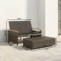 Outsunny Rattan Outdoor Daybed w/4-Level Adjustable Backrest, Patio Sofa Bed w/Storage Ottoman, Acacia Wood Armrest, Navy Blue(m-3)