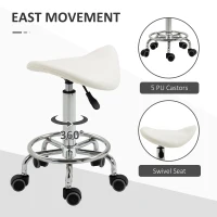 HOMCOM PU Leather Adjustable Stool, Rolling Saddle Stool with Wheels for Massage, Spa, Clinic, Beauty and Tattoo, White(m-6)