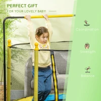 Qaba 4.6' Kids Trampoline with Basketball Hoop, Horizontal Bar, 55" Indoor Trampoline with Net, Yellow(m-8)