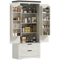 HOMCOM Farmhouse Kitchen Pantry Storage Cabinet, 64" Freestanding Kitchen Pantry Cabinet with Drawers, Distressed White(m-3)