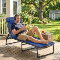 Outsunny Foldable Chaise Lounge, 4-Position Reclining Back, Trifold Portable design and Breathable Mesh for Poolside,Camping, Hiking - Navy Blue(m-7)