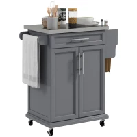 HOMCOM Kitchen Island on Wheels, Rolling Kitchen Cart with Stainless Steel Countertop, Drawer, Towel Rack and Spice Rack, Utility Storage Trolley, Gray(m-1)