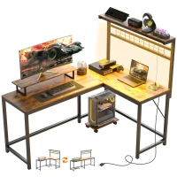 HOMCOM 61.6" L Shaped Gaming Desk with Power Outlets & LED Lights, Computer Desk with Monitor Stand and CPU Shelf, Rustic Brown(m-11)