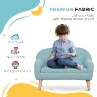 Qaba 2-Seat Kids Sofa, Toddler Sofa Couch, Linen-Like Fabric & Wood Frame Sofa Chair for Ages 3-7, 11" High Seat, Blue(m-5)