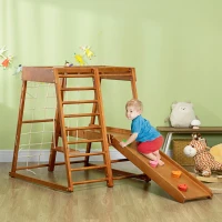 Qaba 6-in-1 Indoor Jungle Gym Playground with Slide, Climbing Wall, Rope Climber, Monkey Bars, Swing, Toddler Climbing Toys for 3-10 Years Old, Wood(m-10)