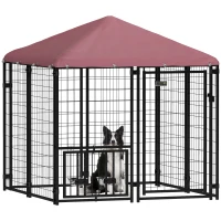 PawHut Welded Wire Outdoor Dog Kennel with 360° Rotating & 4 Levels Adjustable Bowls, Waterproof Cover, 4.6' x 4.6' x 5'(m-12)
