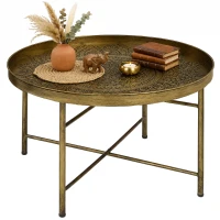 HOMCOM Coffee Table for Living Room, 24" Round Center Table with Hammered Tray Top and Metal Frame for Bedroom, Gold(m-9)