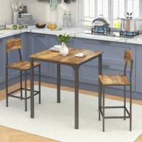 HOMCOM 3 Piece Pub Table and Chairs, Small Kitchen Table and Chairs, Square Dining Table with 2 Stools, Rustic Brown and Black(m-10)