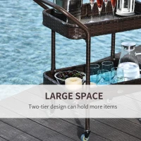 Outsunny PE Rattan Outdoor Bar Table, Outdoor Kitchen Island with 2-Tier Shelf, Wheeled Patio Serving Cart with Brakes for Poolside, Garden, Brown(m-6)