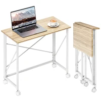 HOMCOM 31.5" Home Office Desk, Folding Desk with Wheels for Small Space, Easy Assemblyfor Home Office, Natural Wood Finish(m-12)