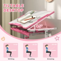 Qaba Height Adjustable Kids Desk and Chairs Set with Tilt Desktop, Storage Drawer, Pen Slot, Hook, Pink(m-7)