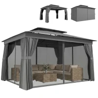 Outsunny 10' x 12.5' Outdoor Gazebo with Curtains and Netting, Double Roof Metal Patio Gazebo Canopy Shelter with Hook, Dark Grey(m-9)