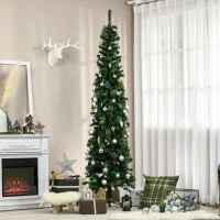 HOMCOM 7.5 Foot Pencil Artificial Christmas Tree, Slim Pine Needles Xmas Tree with Realistic Branches, Pine Cones, Metal Base, Green(m-2)