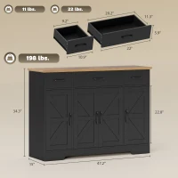 HOMCOM 47" Buffet Cabinet with Soft-Close Hinges, Farmhouse Sideboard with 3 Drawers, Adjustable Shelves and Spice Racks, Black(m-3)