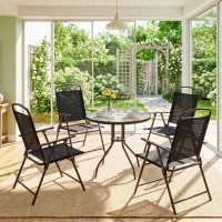 Outsunny 6 Piece Patio Dining Set for 4 with Umbrella, Outdoor Table and Chairs with 4 Folding Dining Chairs & Round Glass Table for Garden, Backyard and Poolside, Black and Coffee(m-8)