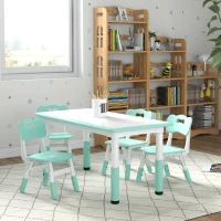Qaba 5 Pieces Kids Table and Chairs, Height Adjustable Toddler Table and Chair Set with Storage, Easy to Wipe, Rectangular Table 4 Chairs for Classroom, for Daycare Classroom, 18 Months-5 Years, Green(m-10)