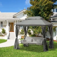 Outsunny 3-Seat Patio Swing Chair, Outdoor Gazebo Swing with Double Tier Canopy, Mesh Sidewalls, Cushioned Seat and Pillows, Gray(m-2)