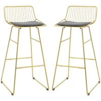 HOMCOM Modern Bar Stools Set of 2, Metal Wire Bar Height Barstools, 30 Inch Bar Chairs for Kitchen with Removable Cushion, Back and Footrest, Gold(m-11)
