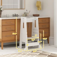 Qaba Height Adjustable Toddler Tower w/ Safety Rail, Handlbar, for Bathroom, Kitchen, White(m-3)