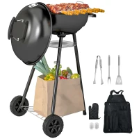 Outsunny 17" Kettle Charcoal BBQ Grill with BBQ Accessories, Barbecue Grill with Shelf, Ash Catcher, Wheels, Handles for Outdoor Cooking, Patio Backyard Party, Black(m-9)