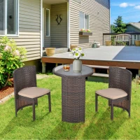 Outsunny 3 PCS Outdoor Rattan Wicker Bistro Set with Storage Shelf, Glass Top Table, Soft Cushioned Chairs and Space Saving Design, Patio Conversation Set for Garden Backyard Porch, Brown(m-10)