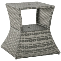 Outsunny Outdoor Side Table with Umbrella Hole, 2 Tier Rattan Wicker End Table with Storage Shelf, All Weather