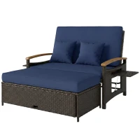 Outsunny Rattan Outdoor Daybed w/4-Level Adjustable Backrest, Patio Sofa Bed w/Storage Ottoman, Acacia Wood Armrest, Navy Blue(m-1)