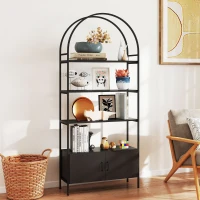 HOMCOM 4-Tier Arched Shelving Unit with Cabinet, Bookshelf for Living Room, Office, 31.5" x 11.8" x 73.6", Black(m-6)