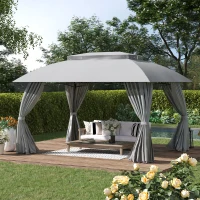 Outsunny 10' x 13' Outdoor Gazebo Patio Gazebo Canopy, Double Vented Roof, Steel Frame, Curtain Sidewalls, Sun Shade Shelter for Garden, Lawn, Backyard, Deck, Gray(m-10)