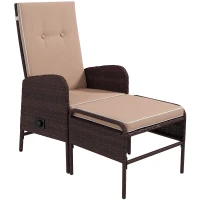 Outsunny 2 Pieces Patio Reclining Chair Set with Stool, Cushions, Outdoor Wicker Conversation Armchair Set, Brown(m-9)