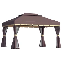Outsunny 10' x 13' Patio Gazebo, Aluminum Frame Double Roof Outdoor Gazebo Canopy Shelter with Netting & Curtains, Coffee(m-1)