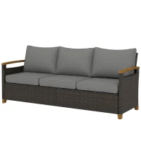 Outsunny 3 Seater Outdoor Couch Sofa, PE Wicker Patio Sofa, Wide Deep Seat, 4" Cushions, Wood-Effect Armrests Legs, Gray(m-1)