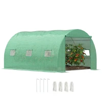 Outsunny 13' x 10' x 6.6'  Walk-in Polytunnel Greenhouse, Outdoor Garden Tunnel Greenhouse Tent with Zipped Roll-Up Door and 6 Mesh Windows, Green(m-9)