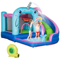 Outsunny 5-in-1 Inflatable Water Slide, Narwhal Theme Bounce House with Climbing Wall, Water Cannon, Water Pool, Trampoline, Repair Patch and 450W Air Blower(m-2)