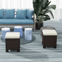 Outsunny 2 Piece Wicker Outdoor Ottomans with Cushions, Rattan Ottoman Footrest and Side Table for Patio, Yard, Poolside, Beige(m-2)